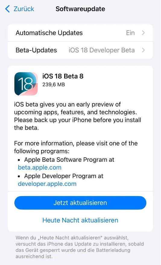 忠县苹果手机维修分享苹果 iOS / iPadOS 18 开发者预览版 Beta 8 发布 